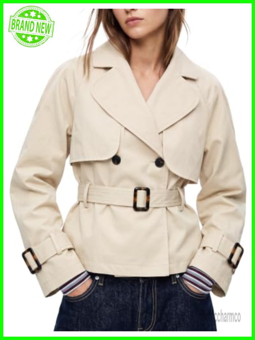Women Cropped Trench Coat Double Breasted Jacket Oversized Fit Removable Belt